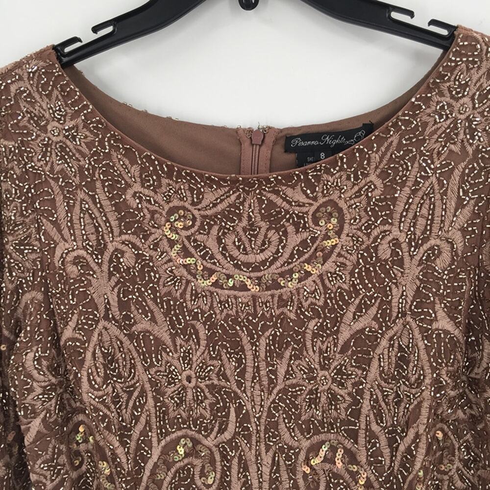 Pisarro Nights Beaded Sequin Embroidered Cocktail Dress Long Sleeve Tan Size 8 - Picture 4 of 12
